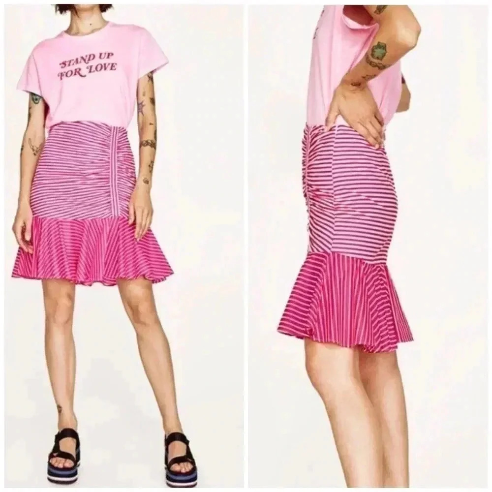 Zara Mean Girls Drop Waist Ruffled Pink White Striped Coquette Skirt Size XS